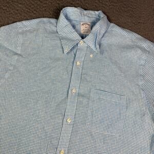 Brooks Brothers Shirt Mens Large Blue Plaid 100% Linen Pocket Short Sleeve